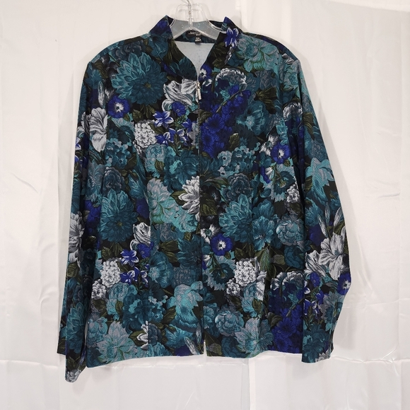 Notations Jackets & Blazers - Notations Size PXL Blue and Green Casual Jacket with Artistic Floral Design